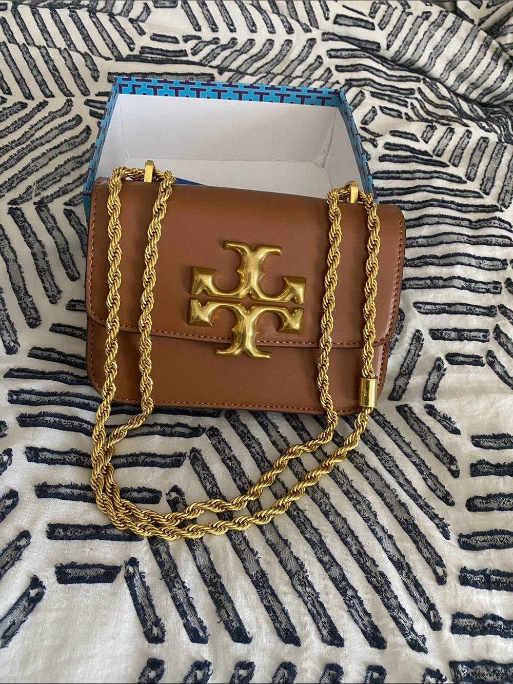 Tory Burch Brown Leather Crossbody with Gold Logo and Rope Chain
